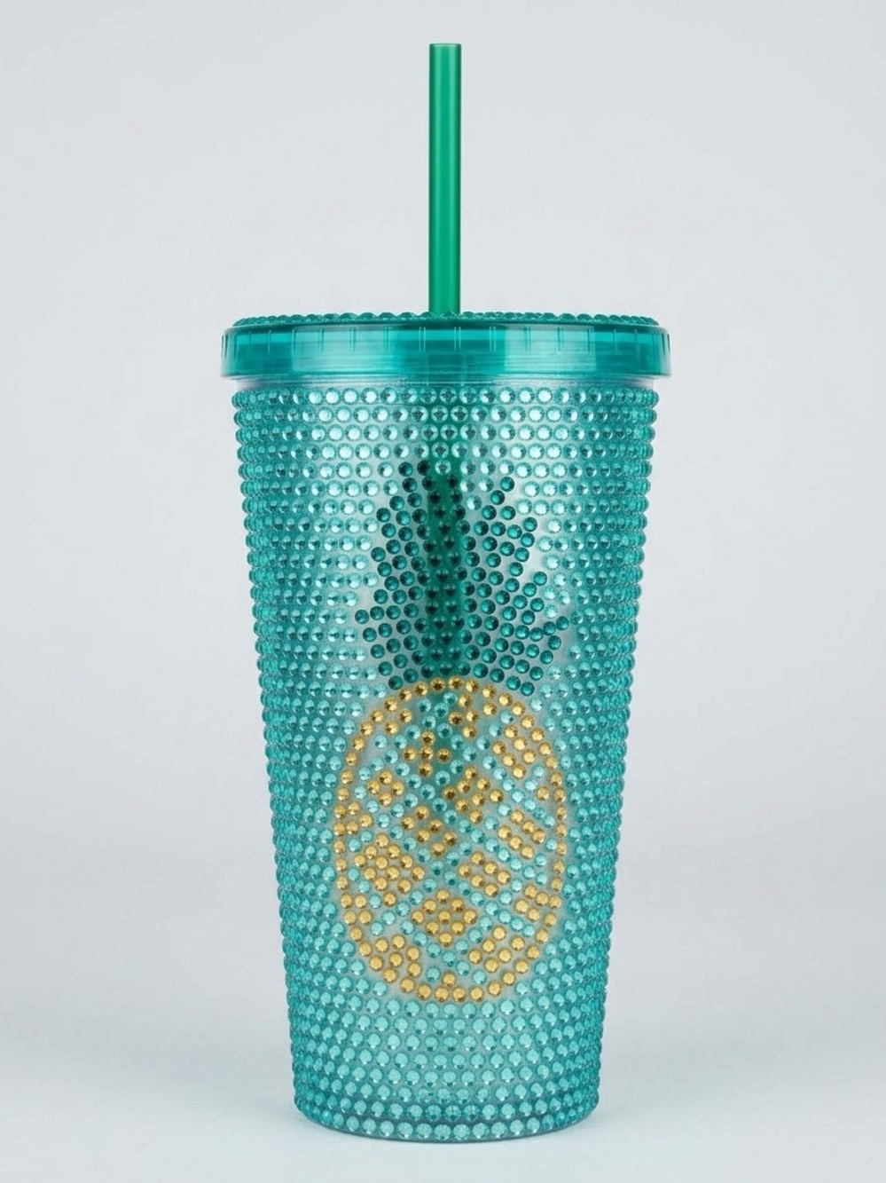 Pineapple Teal Green Studded Tumbler 16 oz Double Wall Cold Cup Straw